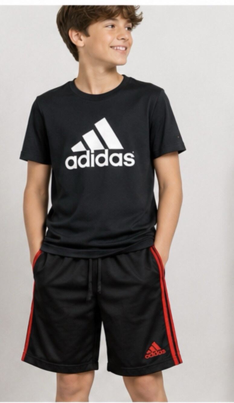 Adidas Boys 14/16 Black Red Stripe Athletic Shorts Drawstring